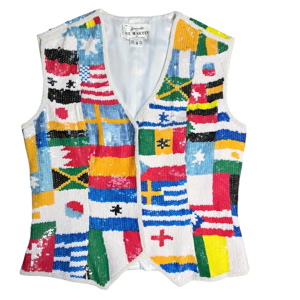 Jeanette for St Martin VINTAGE 80s Sequin World Flag Vest Womens Small‎ RARE